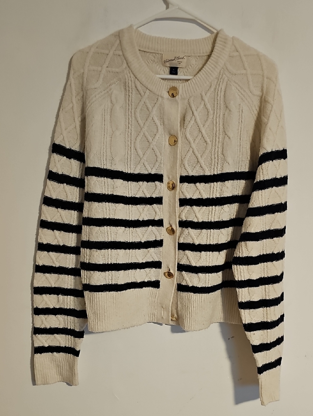 Universal Thread Cream and Black Striped Cable Knit Cardigan with Gold Buttons